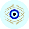 Blue evil eye with gold eyelash pattern on light blue background