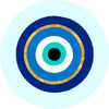 Evil eye with multiple color rings of dark blue, gold, white, and turquoise and a light blue background