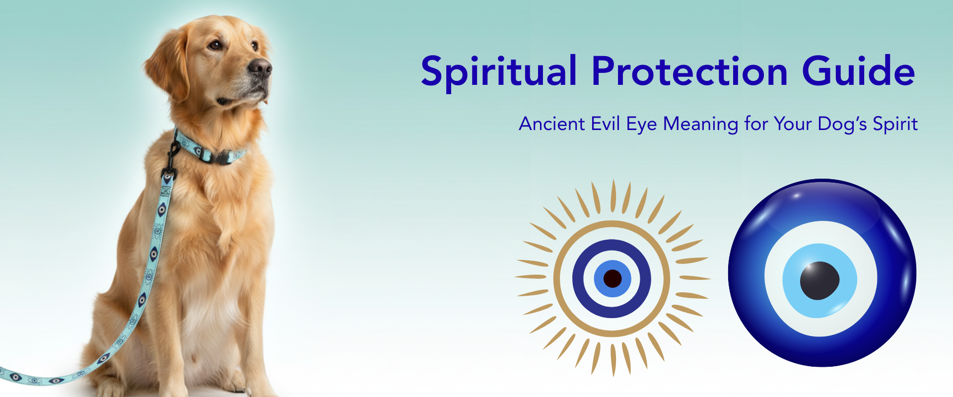 Golden retriever wearing light blue evil eye dog collar with protective aura effect