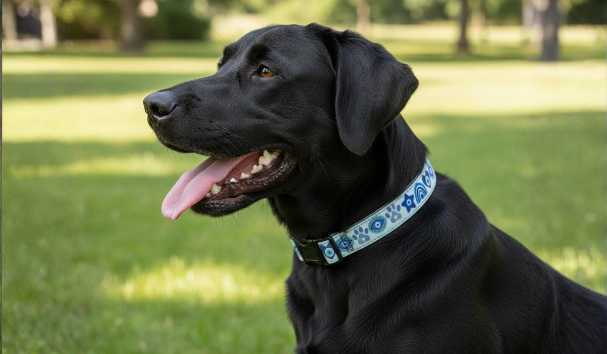 Black Labrador Retriever dog wearing patterned blue and white evil eye dog collar