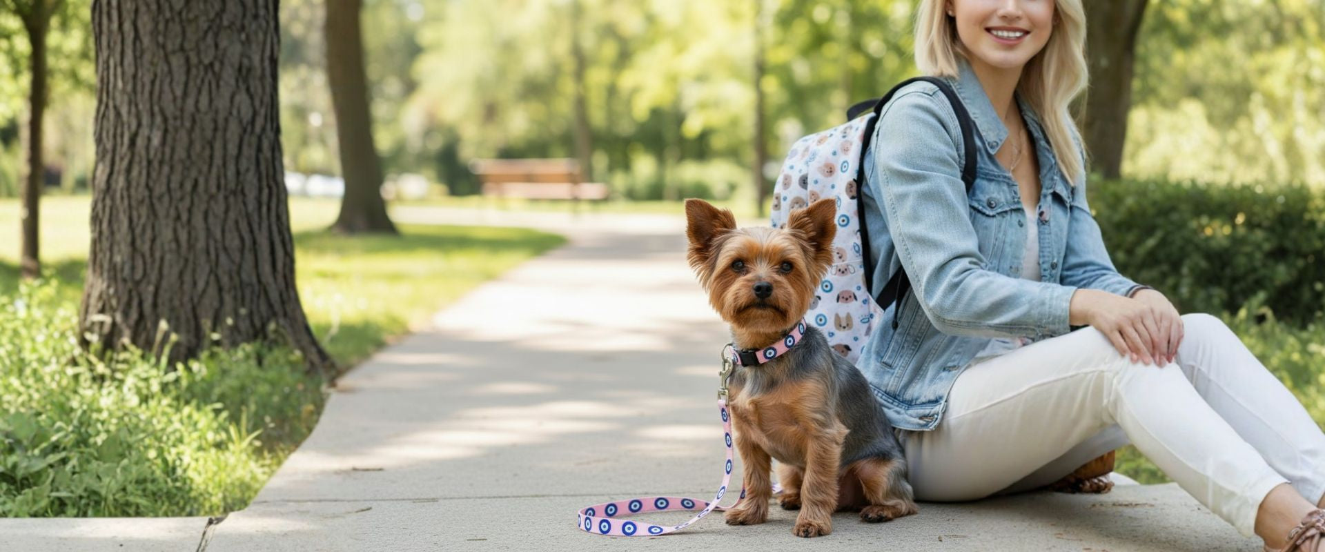 Woman sitting on a park bench with her Yorkshire Terrier wearing an Evil Eye dog collar and leash set.
