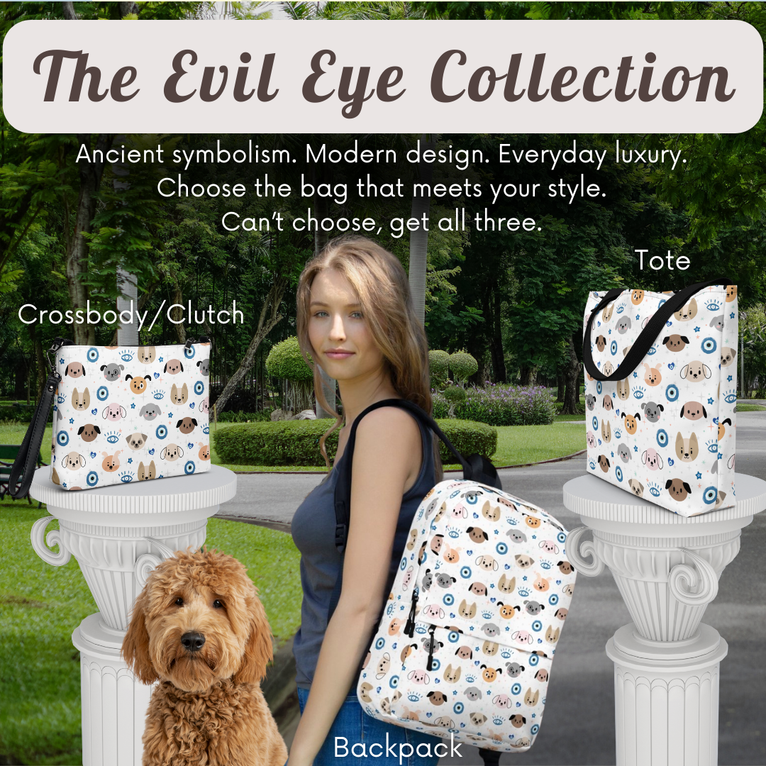 Evil Eye Dog Bag Collection featuring a crossbody clutch, backpack and a tote bag with matching protective eye patterns.