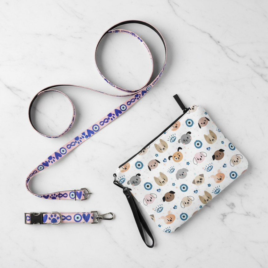 Evil eye dog collar, leash and crossbody bag displayed on marble counter