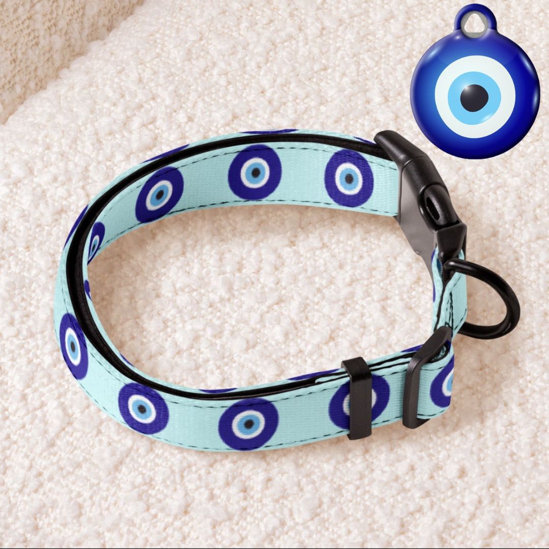 Blue Evil Eye Dog Collar & ID Tag — Complete Pup Protection - Infinity Dog