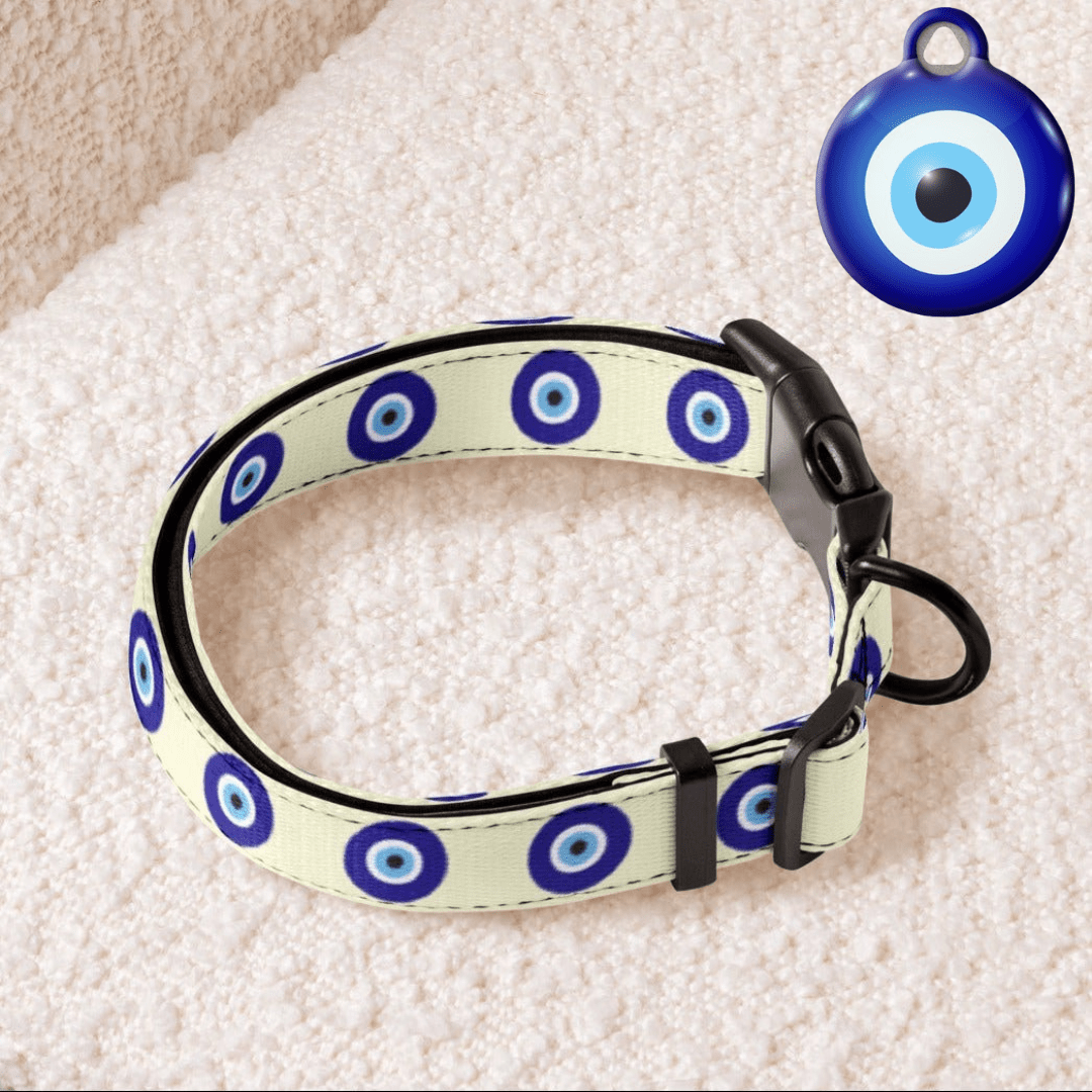 Cream Evil Eye Dog Collar & ID Tag — Complete Pup Protection - Infinity Dog