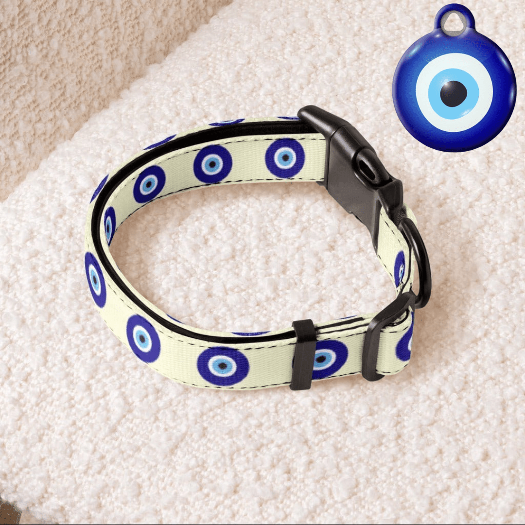 Cream Evil Eye Dog Collar & ID Tag — Complete Pup Protection - Infinity Dog