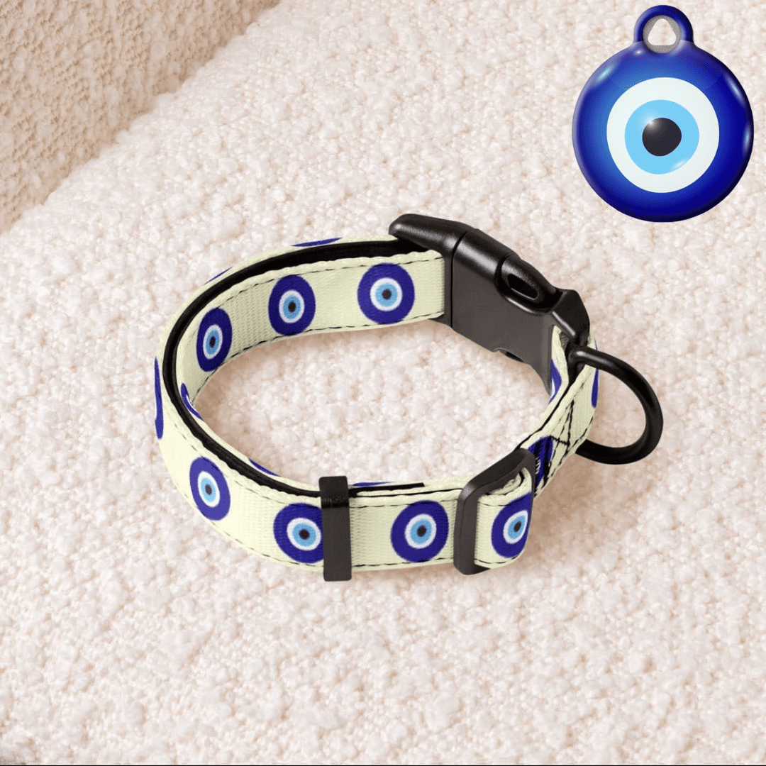 Cream Evil Eye Dog Collar & ID Tag — Complete Pup Protection - Infinity Dog