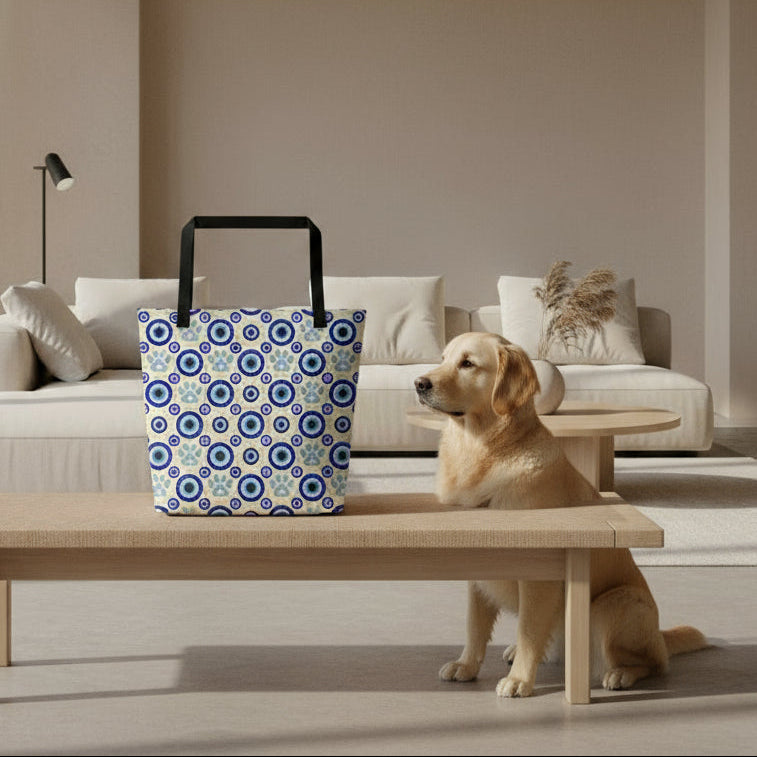 Golden retriever dog in living room with evil eye dog tote bag on coffee table
